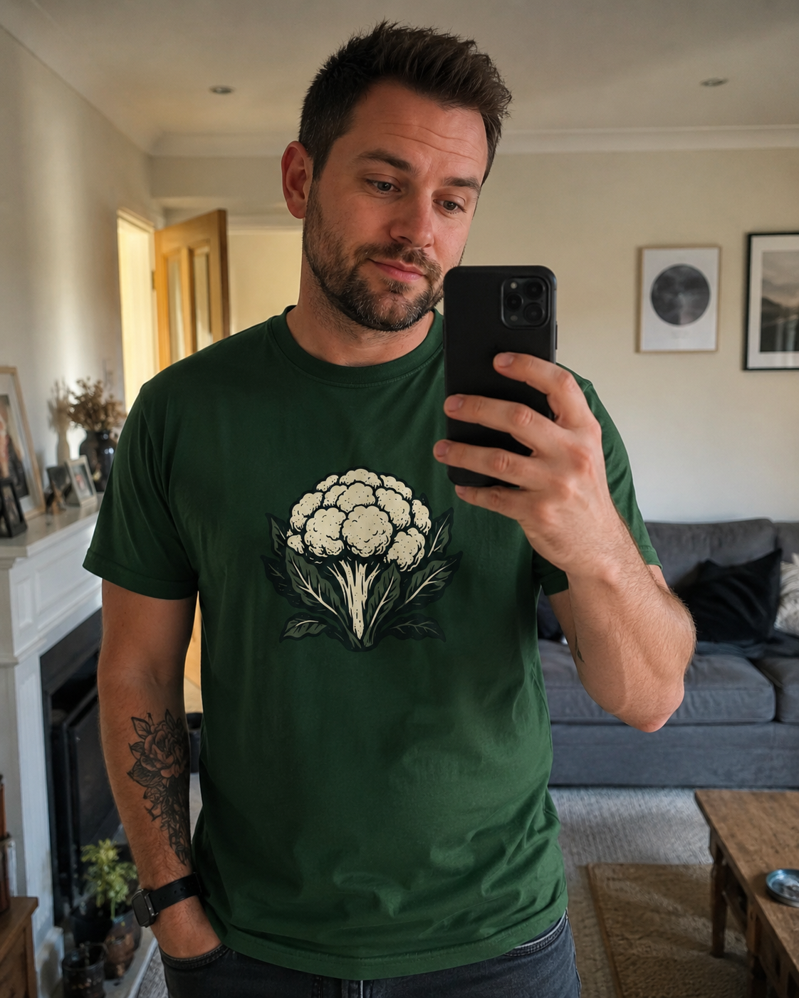 A customer wearing a #LoveItHateIt t-shirt